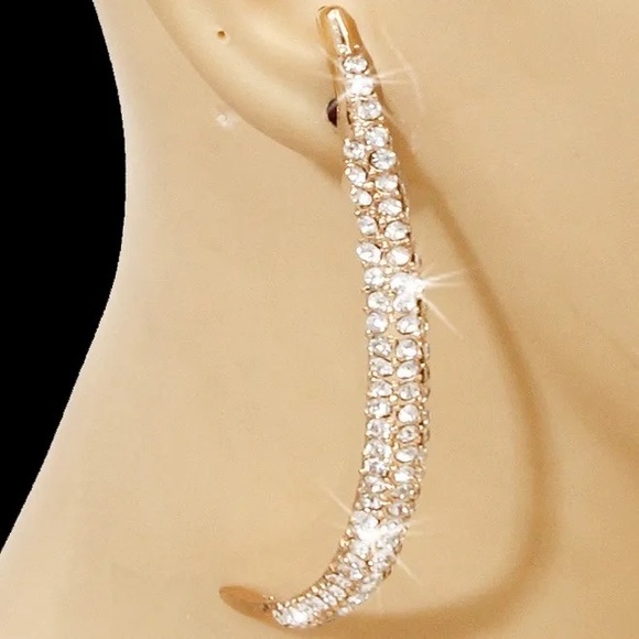 4.25" Long Pave Set Crystal Curved Earrings Gold - Picture 1 of 1